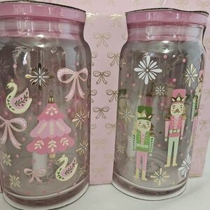 Pink Christmas Bows And Nutcrackers Glass Tumbler Sippers Set NEW